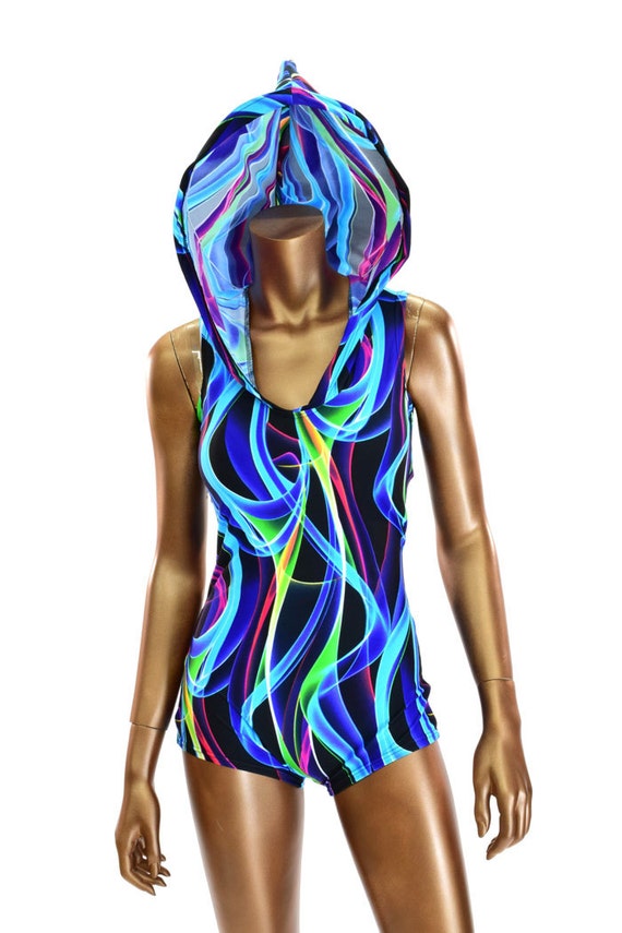 Neon Swirl Print UV Glow Bodysuit Romper Hoodie with Boy Cut Leg UV