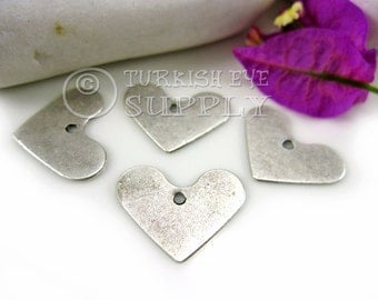 4 pc Silver Heart Charms, Antique Silver Plated Brass Minimalist Heart, Turkish Jewelry