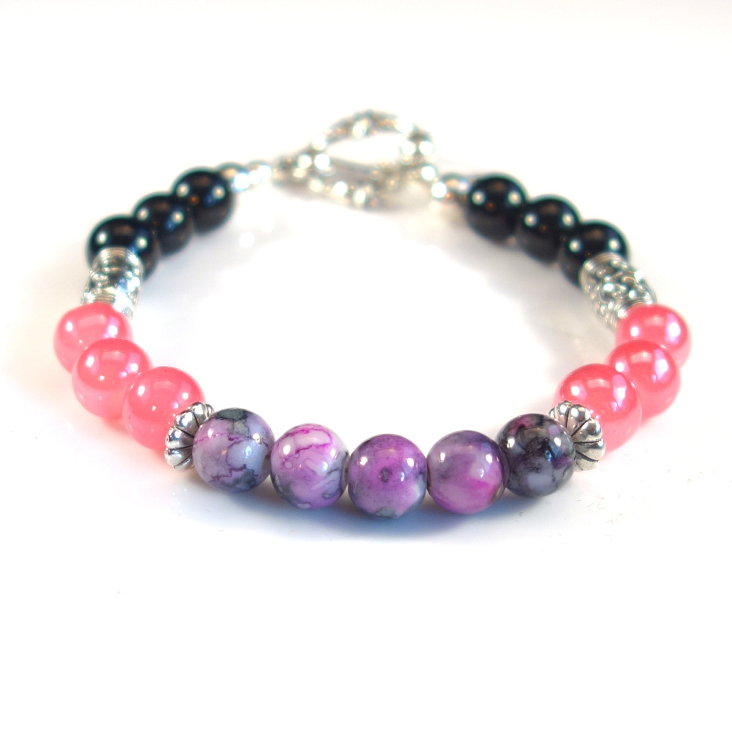 Pink and Black with Silver Women's stackable bracelet