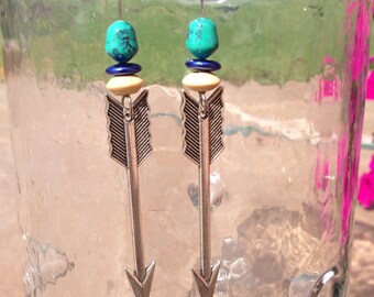 Tribal Turquoise & Arrows Dangle Earrings. Boho Earrings. Aztec Sterling Silver Arrow Earrings.