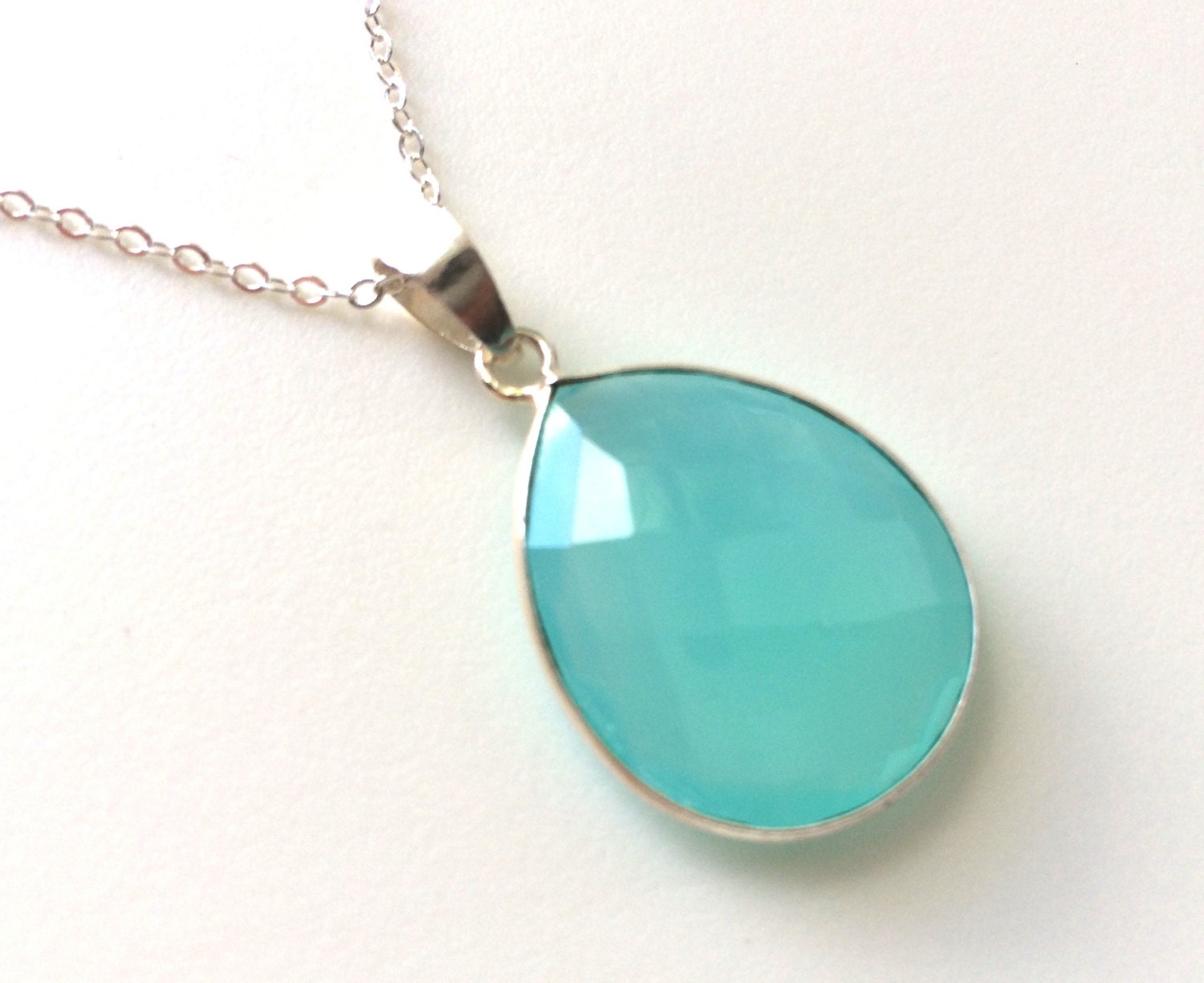 Aqua Chalcedony Necklace Gold or Silver Large Aqua Faceted