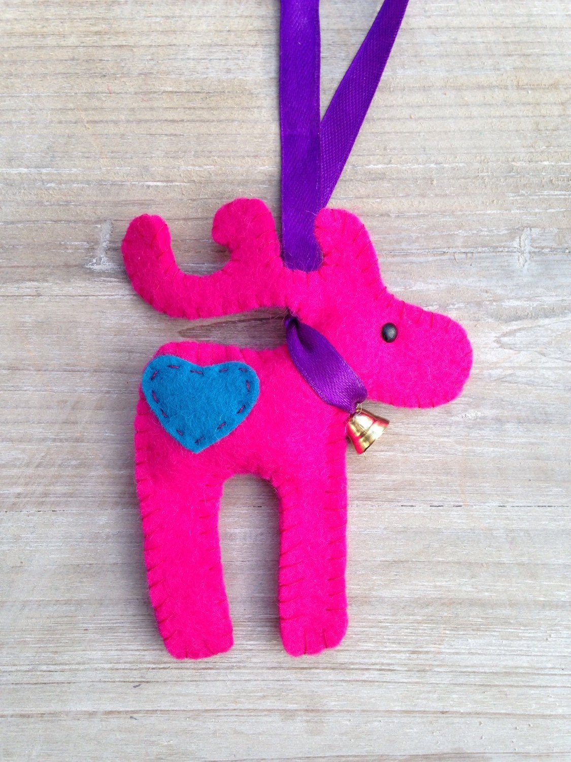 Hot pink and purple reindeer decoration. Christmas tree ornament. Reindeer Decoration. Felt Christmas Decoration. Handmade decoration.