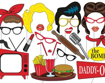 1950's Party Photo booth Props Set - 20 Piece PRINTABLE - Rock n Roll Party, Rock and Roll Party