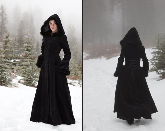 Anastasia Coat Hooded velvet coat with fur trim
