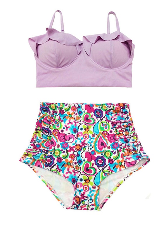Lavender Midkini Top and Colorful Ruched High Waisted Waist