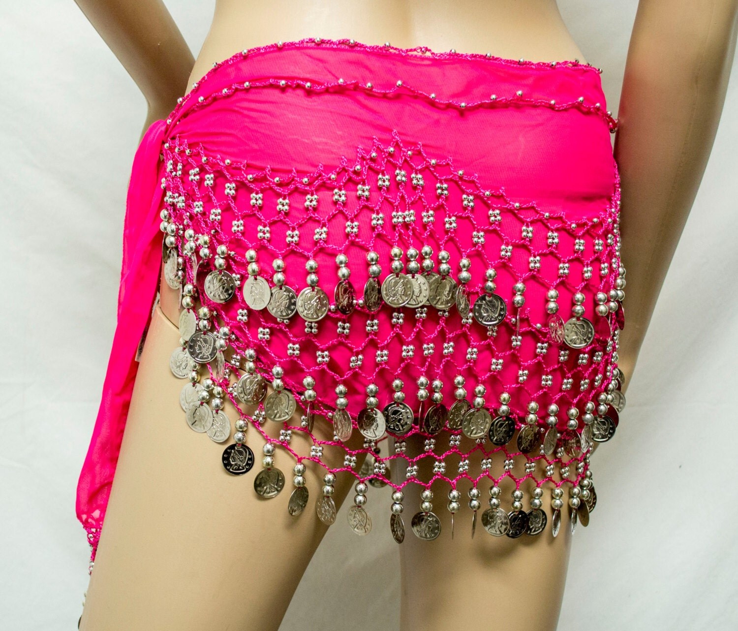 Pink Belly Dance Skirtcoin Skirt Wrap Silver Tone Coins 