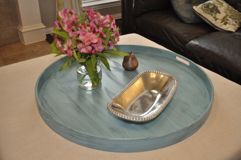 22 or 26 Round Ottoman Tray Distressed Turquoise