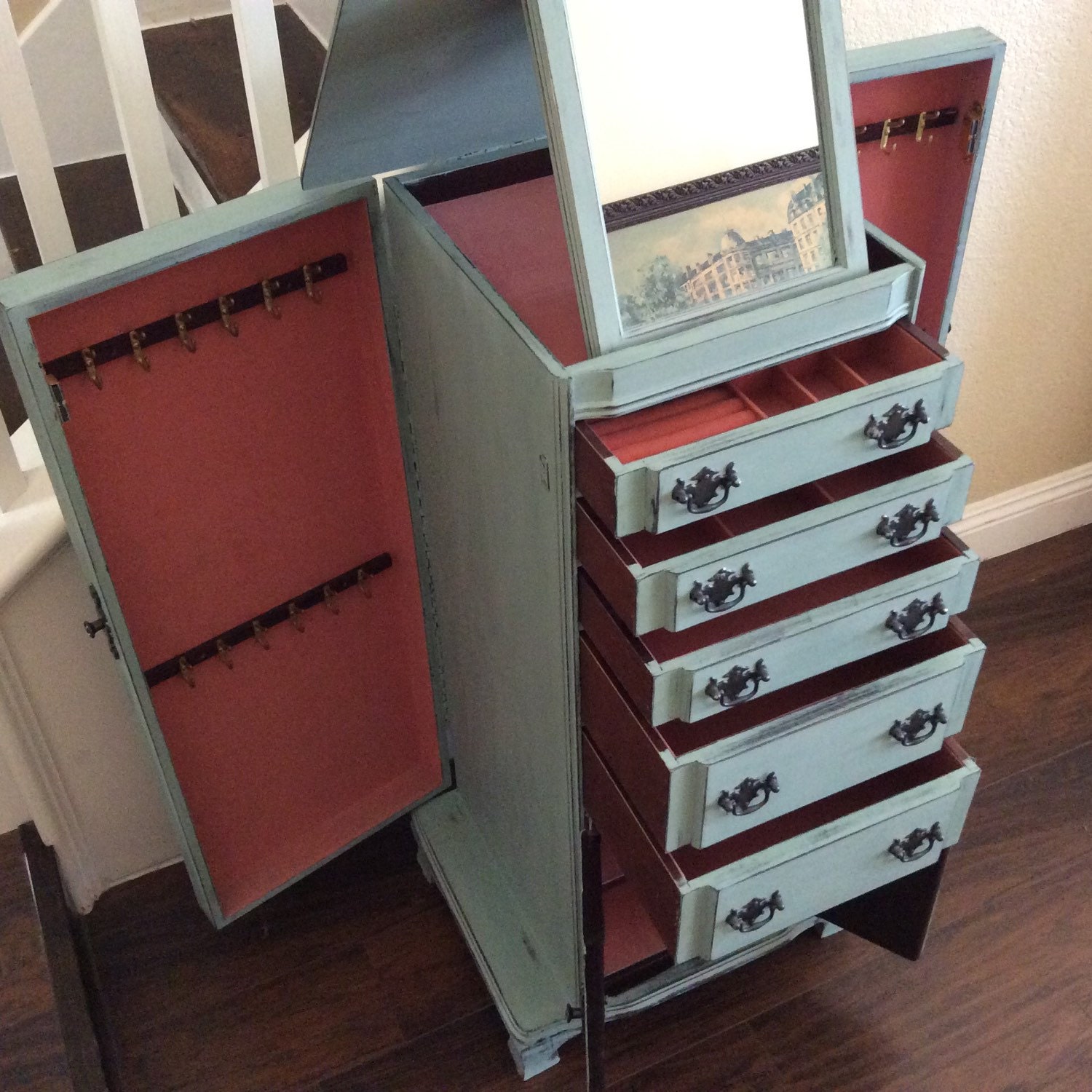 BLUE JEWELRY ARMOIRE With Pink Velvet Lining Beach Cottage