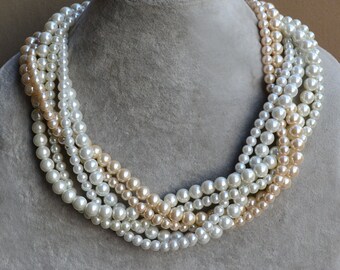 pearl Necklace ,ivory white champagne Pearl Necklace,6 rows Pearl Necklace,glass pearl ,Wedding Necklace,bridesmaid necklace,bride necklace
