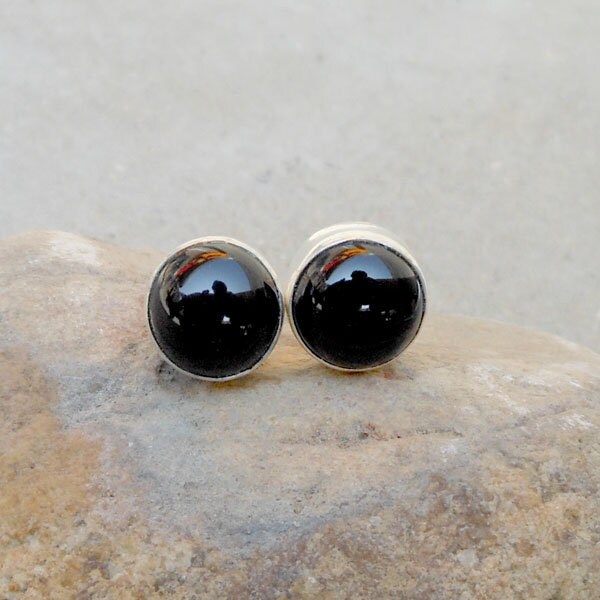Bold Stud Earring 10mm Black Onyx Ball Stud by FineSilverStudio