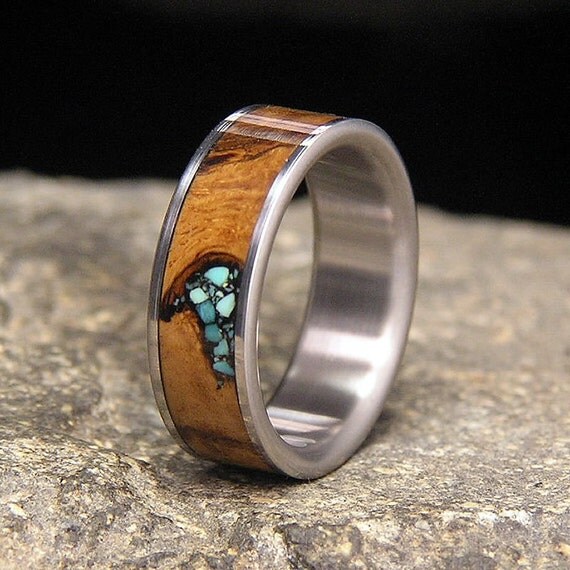 Spalted White Oak Burl Turquoise Inlay Titanium by HolzRingShop