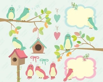 BLACK FRIDAY SALE Birds Digital Clipart, Green & Pink Birds Clip Art