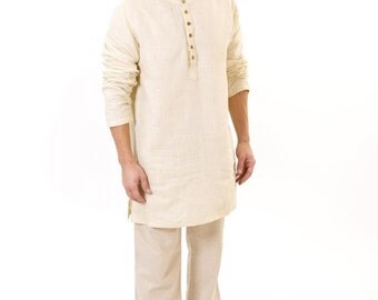 Mens Linen Kurta Long Seeves Nehru Collar Mid Length