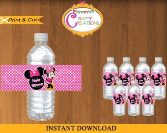 Pink Minnie Mouse Water Bottle Labels - Printable Minnie Mouse Water Bottle Wrappers -Waterbottle Wraps- INSTANT DOWNLOAD-CraftyCreationsUAE