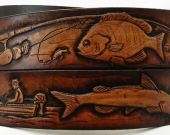 BT103- Fisherman's Belt; 1 1/2" leather belt Includes utility buckle & keeper.  Photo shows all the designs down the length of belt