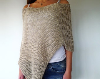 Grey knit summer poncho. Loose knit poncho. Long slouchy top. Knitted poncho for women. Gift idea for her