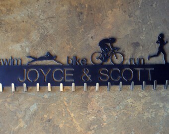 24 Inch long Personalized Steel Triathlon Medal Holder 'Swim Bike Run'