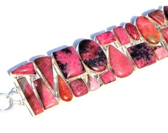 Handmade Premium Quality 925 Sterling Silver 106 Gram Bracelet With Superb Fine Huge Genuine Rhodonite Gemstone,Best Gift
