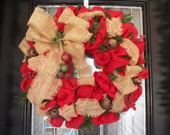Red Burlap Christmas Wreath, Burlap Door Hanger, Burlap Holiday Wreath, Christmas Wreaths, Wreath for Door