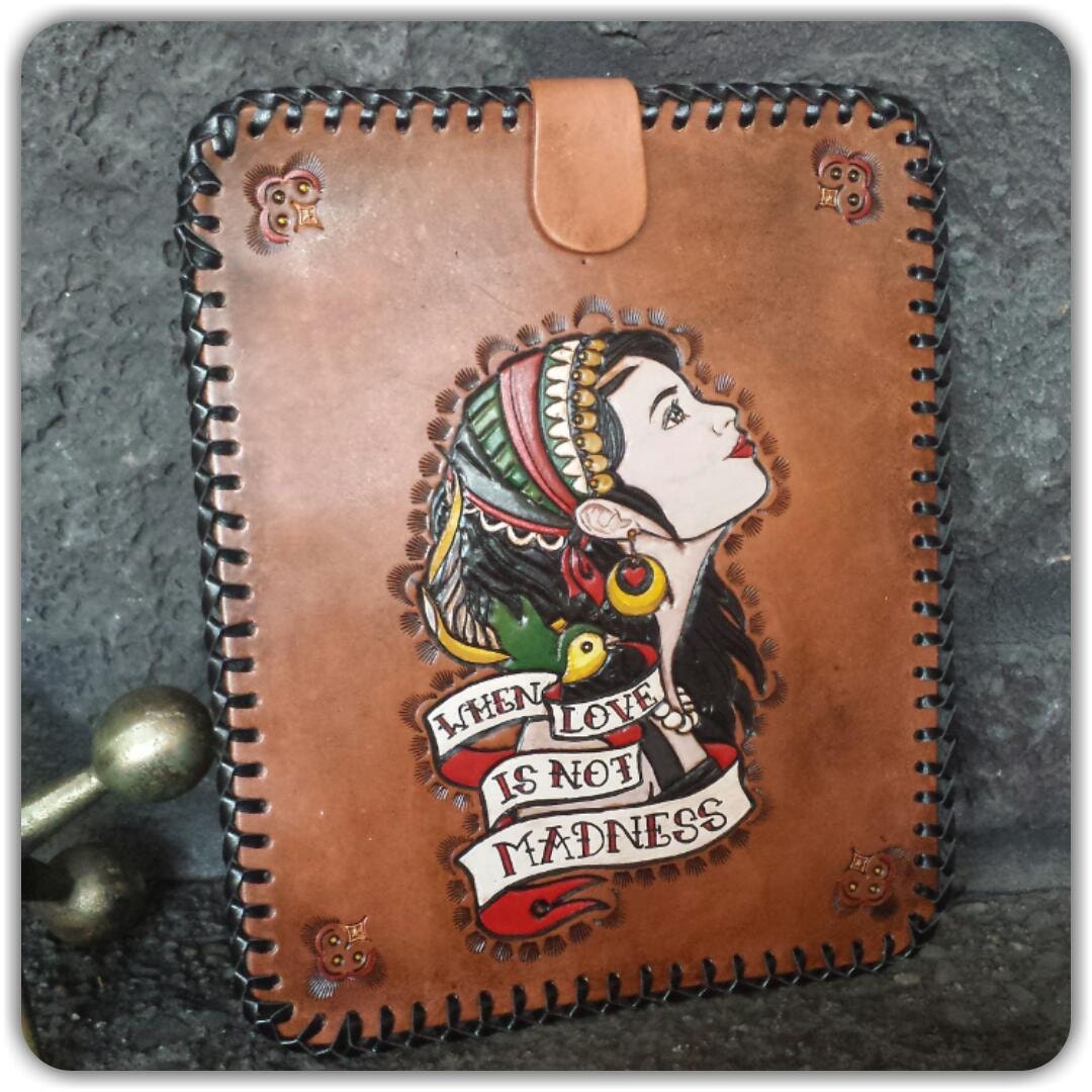Leather tablet case laptop computer bag leather hand tooled