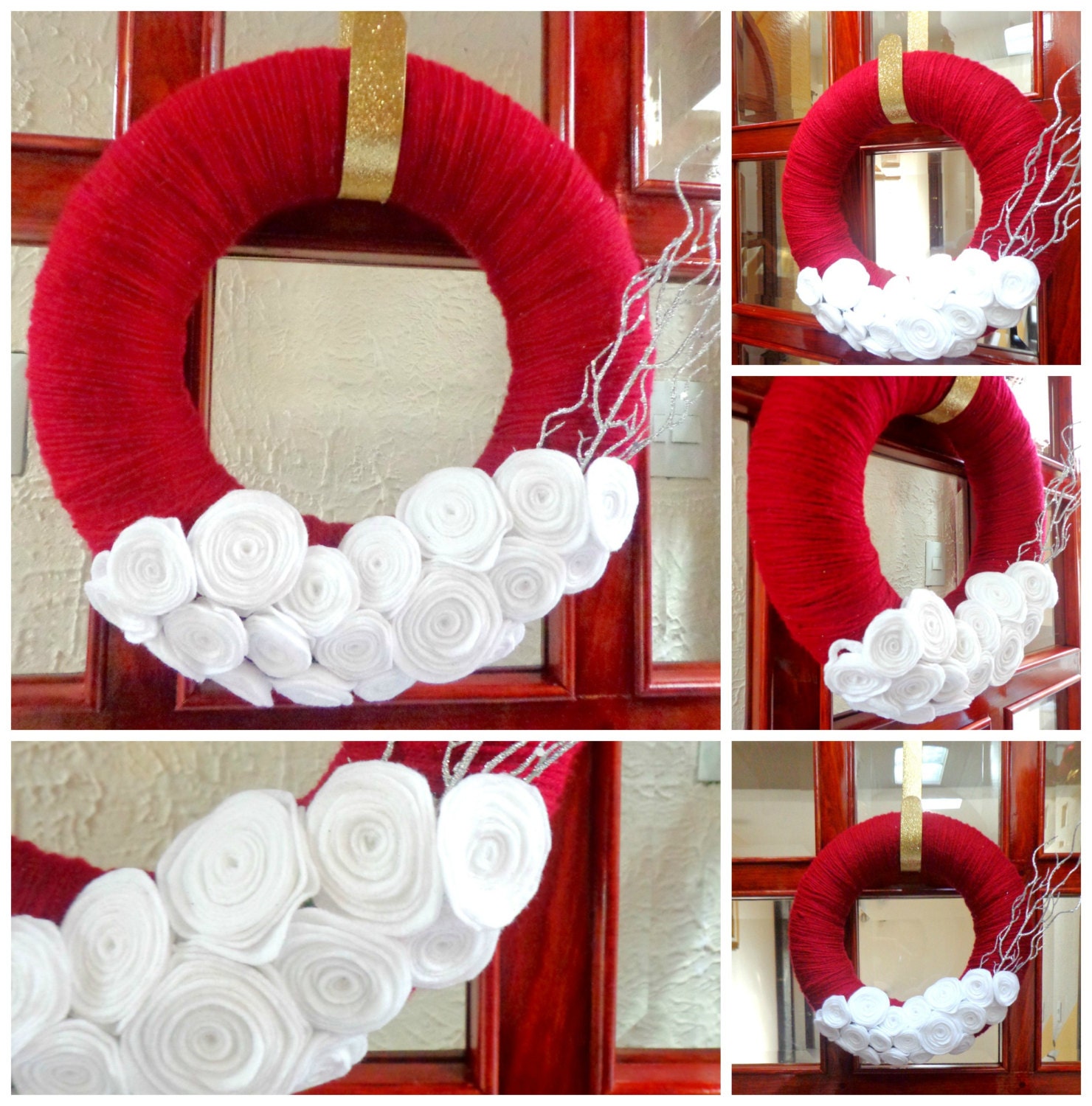 Christmas Wreath - 13 inch - Red Yarn Wrapped Wreath with White Felt Flowers with silver sticks acccent. Wreath