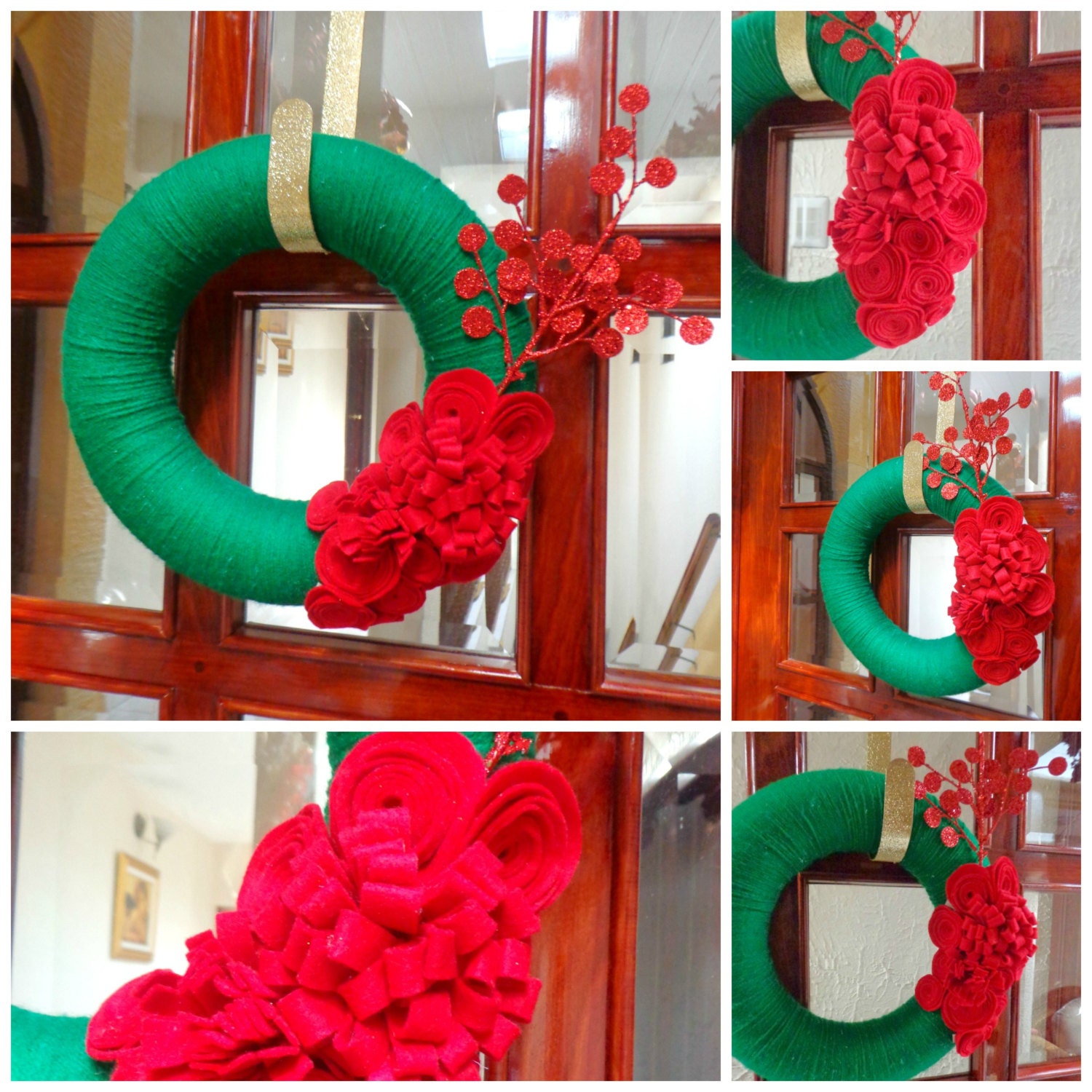 Christmas Wreath - 13 inch - Green Yarn Wrapped Wreath with Red Felt Flowers and a red dots accent. Wreath