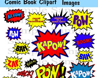 Superhero Clipart Photo booth Party Props Set - 16 Piece PRINTABLE INSTANT DOWNLOAD Superhero Clip artPersonal and Commercial Use
