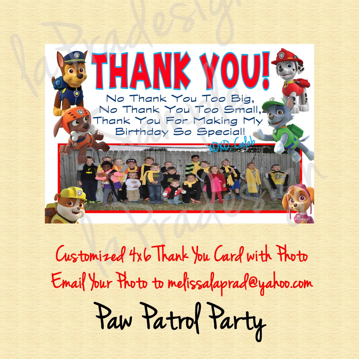 Paw Patrol Birthday Thank you Card With Picture BOY OR GIRL