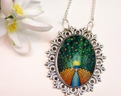 Green Peacock Pendant Necklace Charm medallion necklace, pendant handmade, Antique Silver Chain