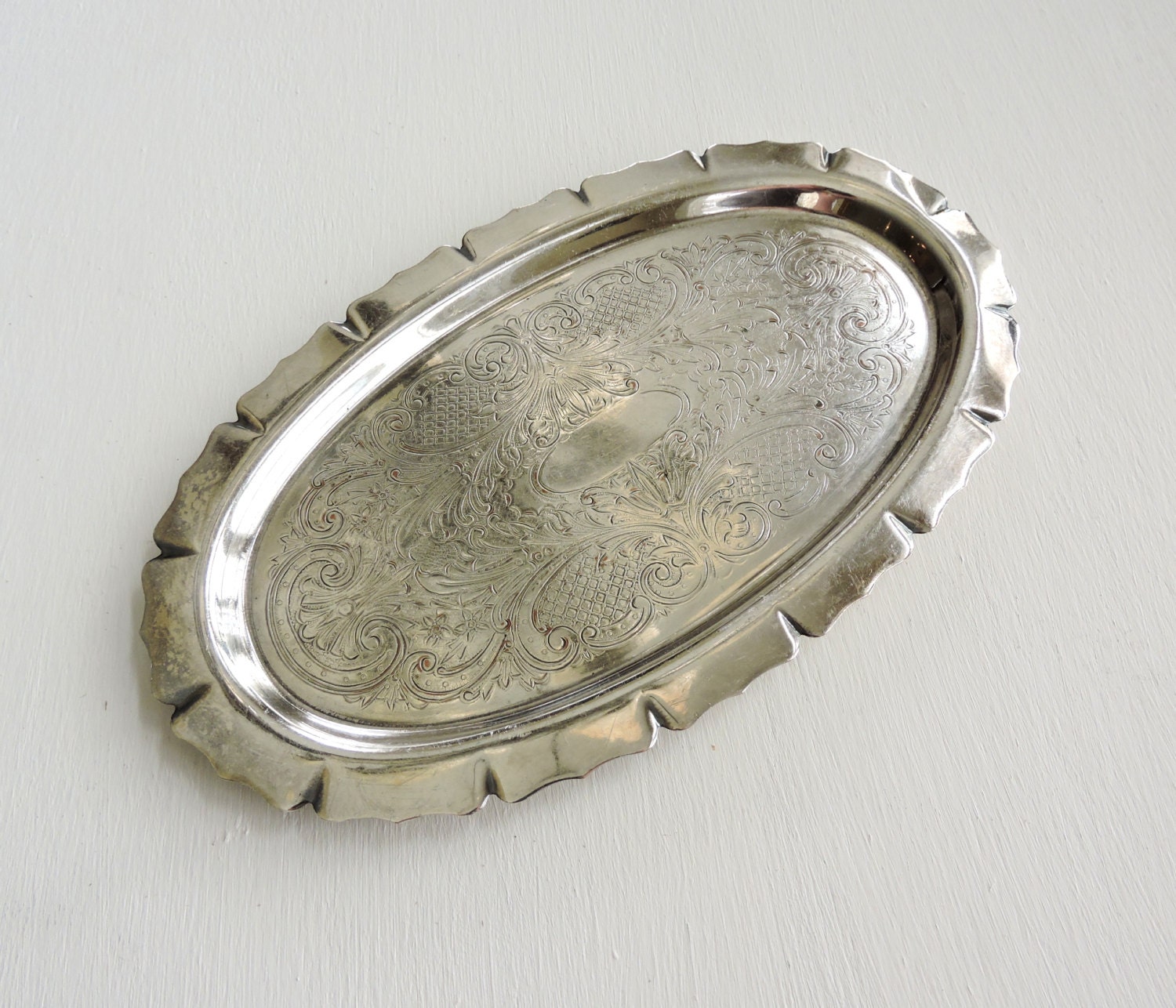 Vintage Silver Tray Small Oval Platter Engraved Serving