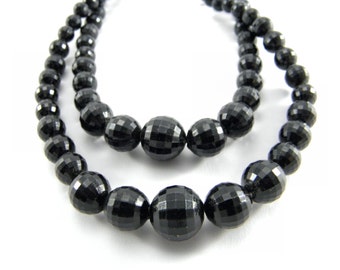 1950's Vintage Two Strand Graduated Black Faceted Necklace, Mad Men Era