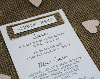 Rustic Hessian Wedding Menu - Hammered Card, Shabby Chic