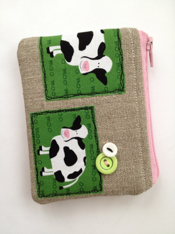 Handmade fabric coin purse pouch small make up bag Cow Farm