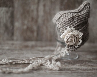 Cacao Newborn Hat, Baby Girl Newborn bonnet, Wool Beanie, Photo Prop, Vintage Baby Hat, Flower Accent Bonnet