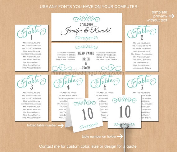 Teal seating chart guest list template by WeddingInvitationByC