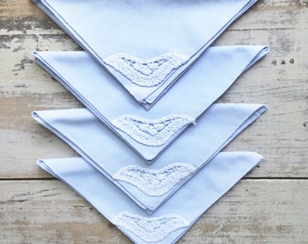 Handmade Powder Blue Fabric Napkins + Crochet Lace Detail // Set of 4