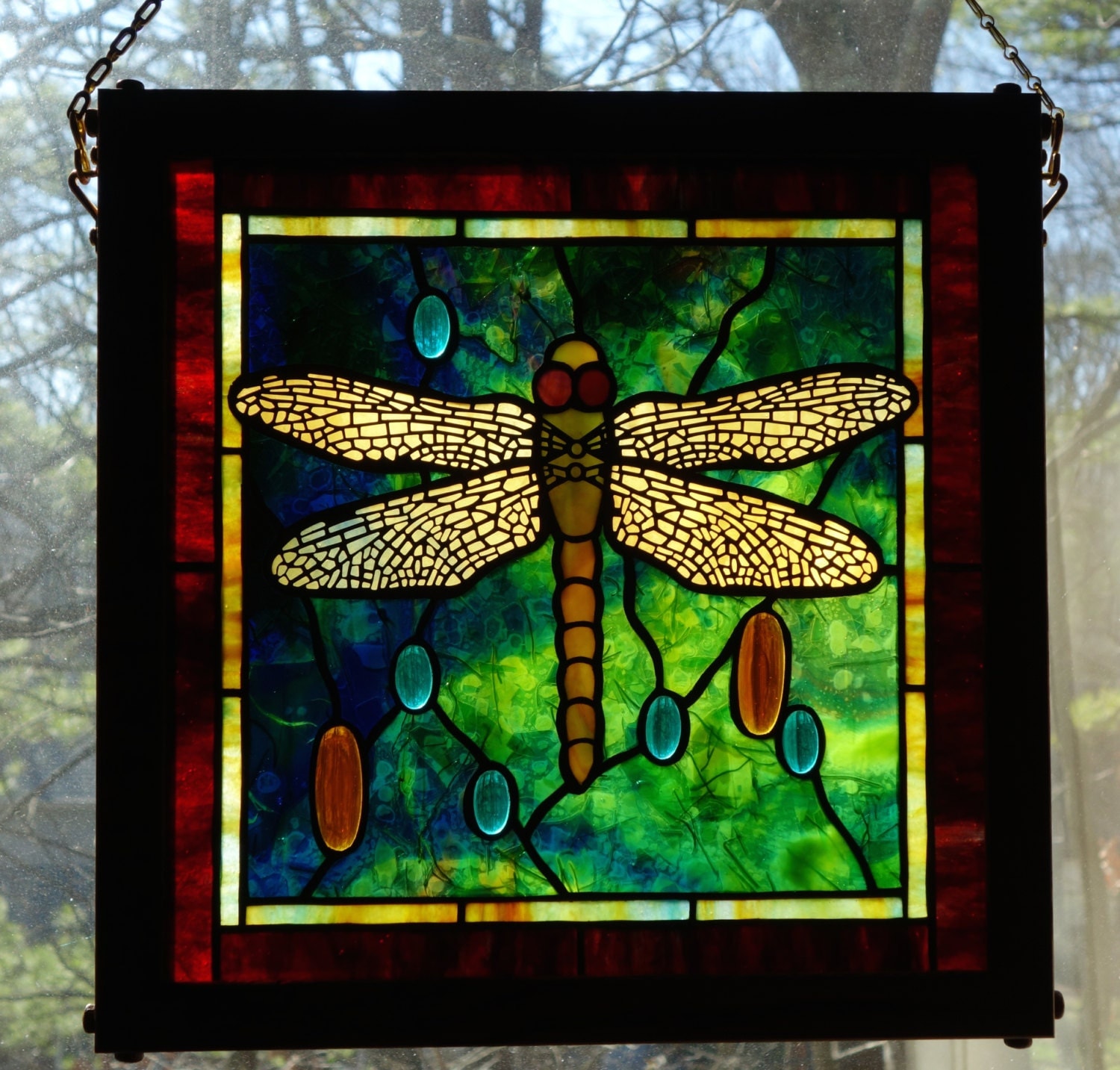 Dragonfly Stained Glass Panel by BespokeArtGlass on Etsy