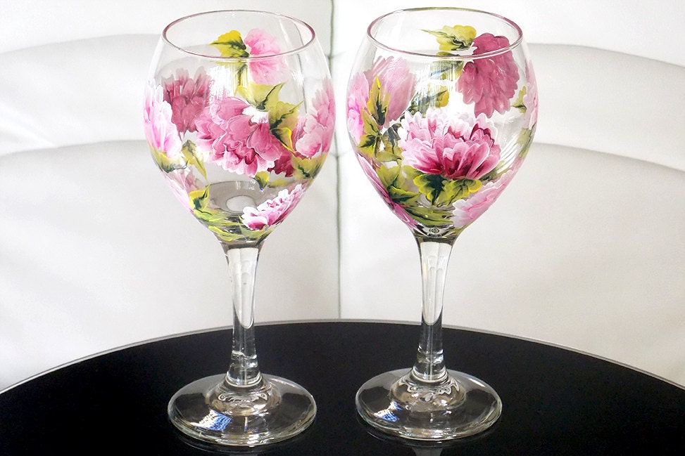 Set of 2 Hand Painted Wine Glasses Peonies Pink Flowers Hand