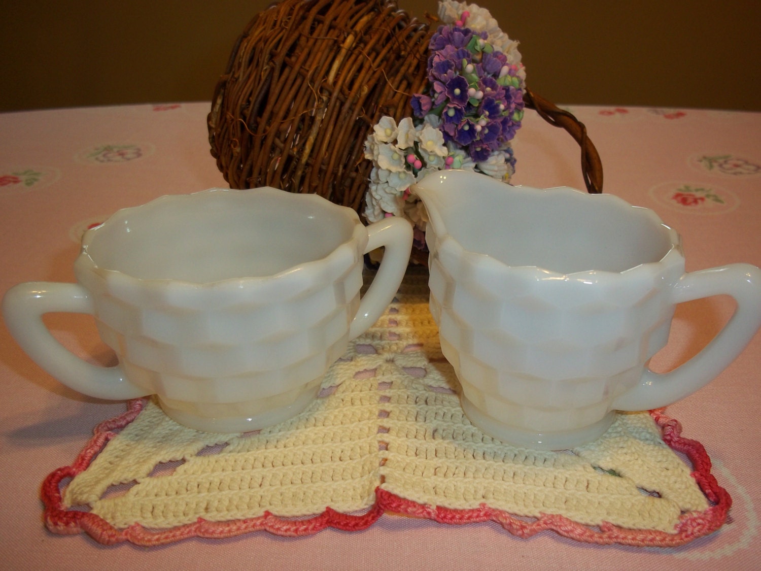 Vintage, Milk Glass, Creamer & Sugar Set, Diamond Pattern, Serving