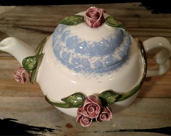 Collectible Teapot with Raised Roses ala Capodimonte Style / White and Bue teapot with Purple Roses /Kitchen decor/ Best Gift Idea/ F740