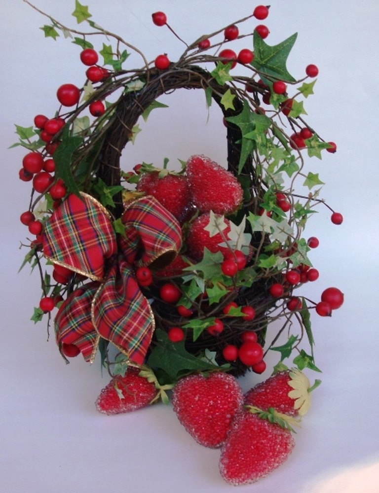Adorable Handmade Christmas Fruit Basket with Red Hollie's filled with Faux Sugared Strawberries. Perfect for the Kitchen or Breakfast Nook