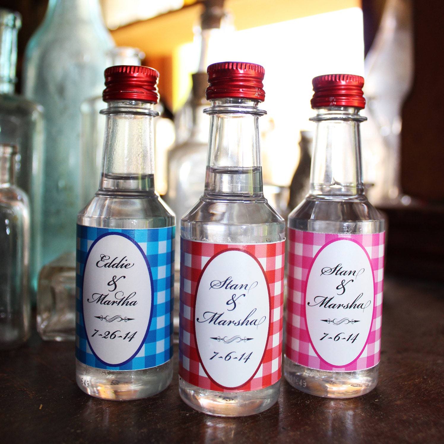 25 Vinyl Wrapped mini liquor bottle labels Wedding Favor