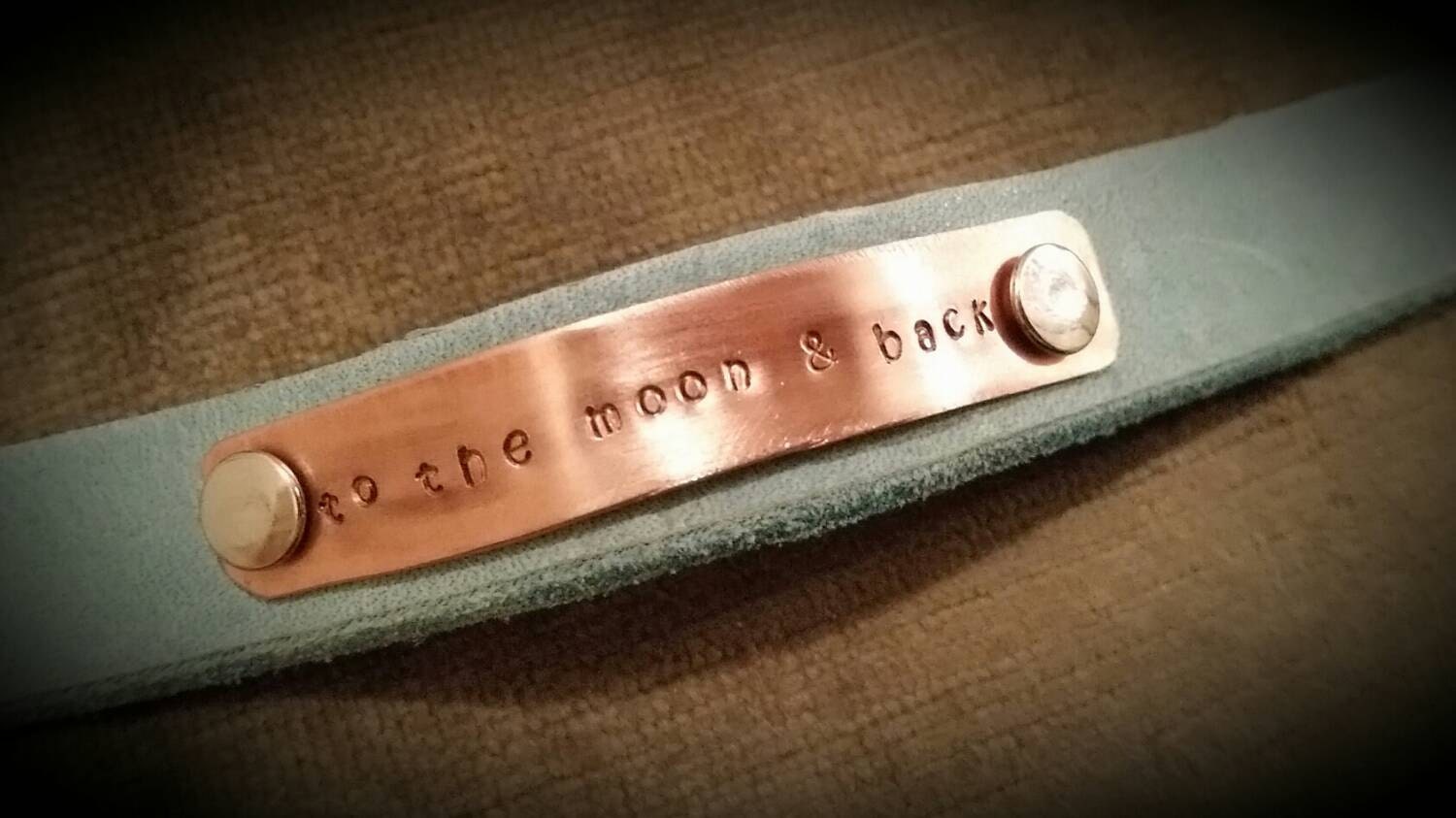 Kids Stamped Copper Upcycled Leather Bracelet Cuff with Quote from Guess How Much I Love You "To the Moon and Back"
