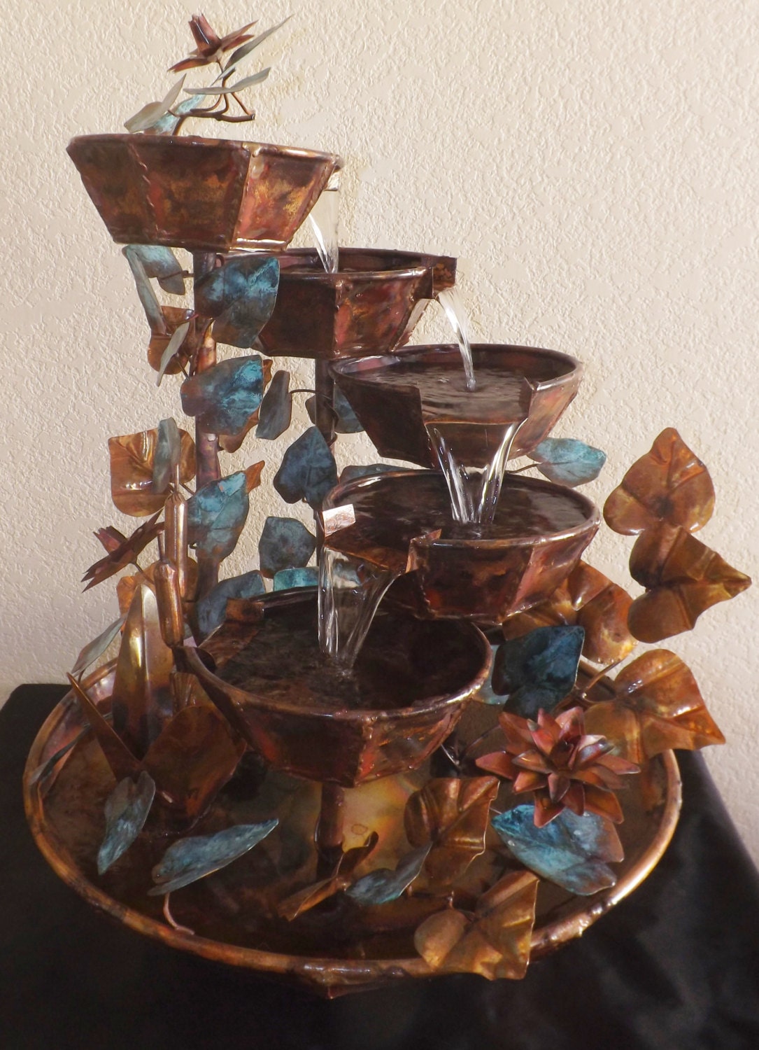 5 Tier Large Copper Table Fountain with Cattails Water