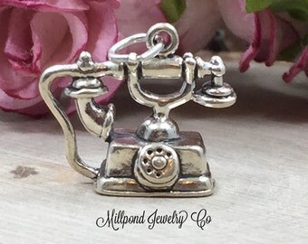 Telephone Charm, Phone Charm, Antique Telephone Charm, Sterling Silver Charm, Antique Charm, Sterling Silver Pendant, PS0668