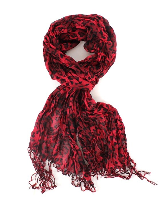 Red Leopard Print Light Crinkle Scarf L001Red by iSellScarves