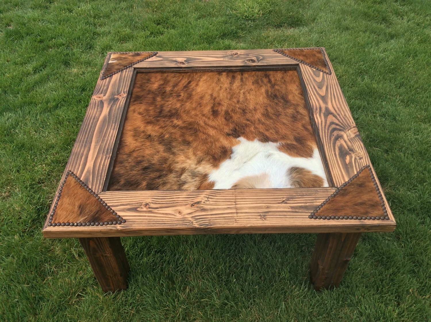 GlassTop Coffee Table with cowhide & by WesternDesignsByTim