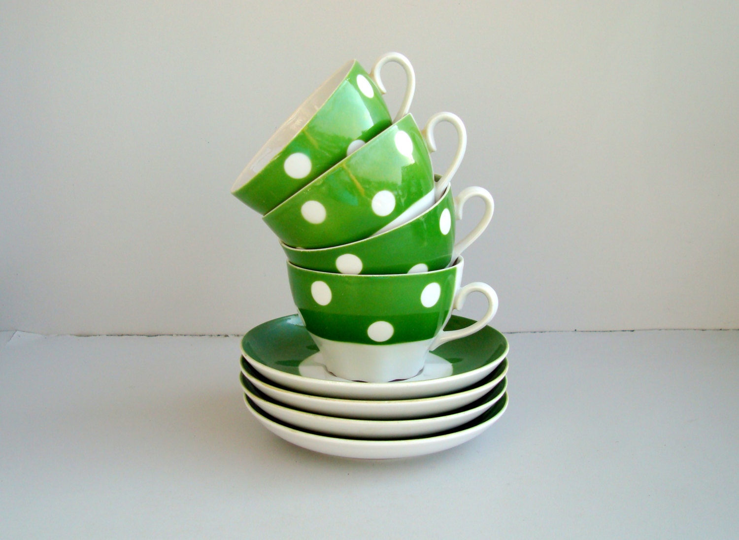 Vintage green white polka dot Tea cups and saucersSoviet Tea