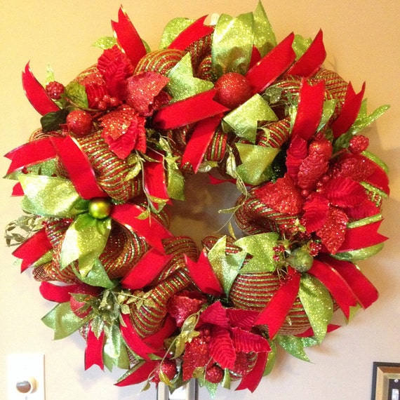 Christmas Deco Mesh Wreath With Poinsettias Deco Mesh