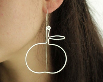 Big Silver Apple Earrings-Silver Fruits Earrings, Sterling Handmade Apples Earrings,Silver Wire Apples Dangle Earrings